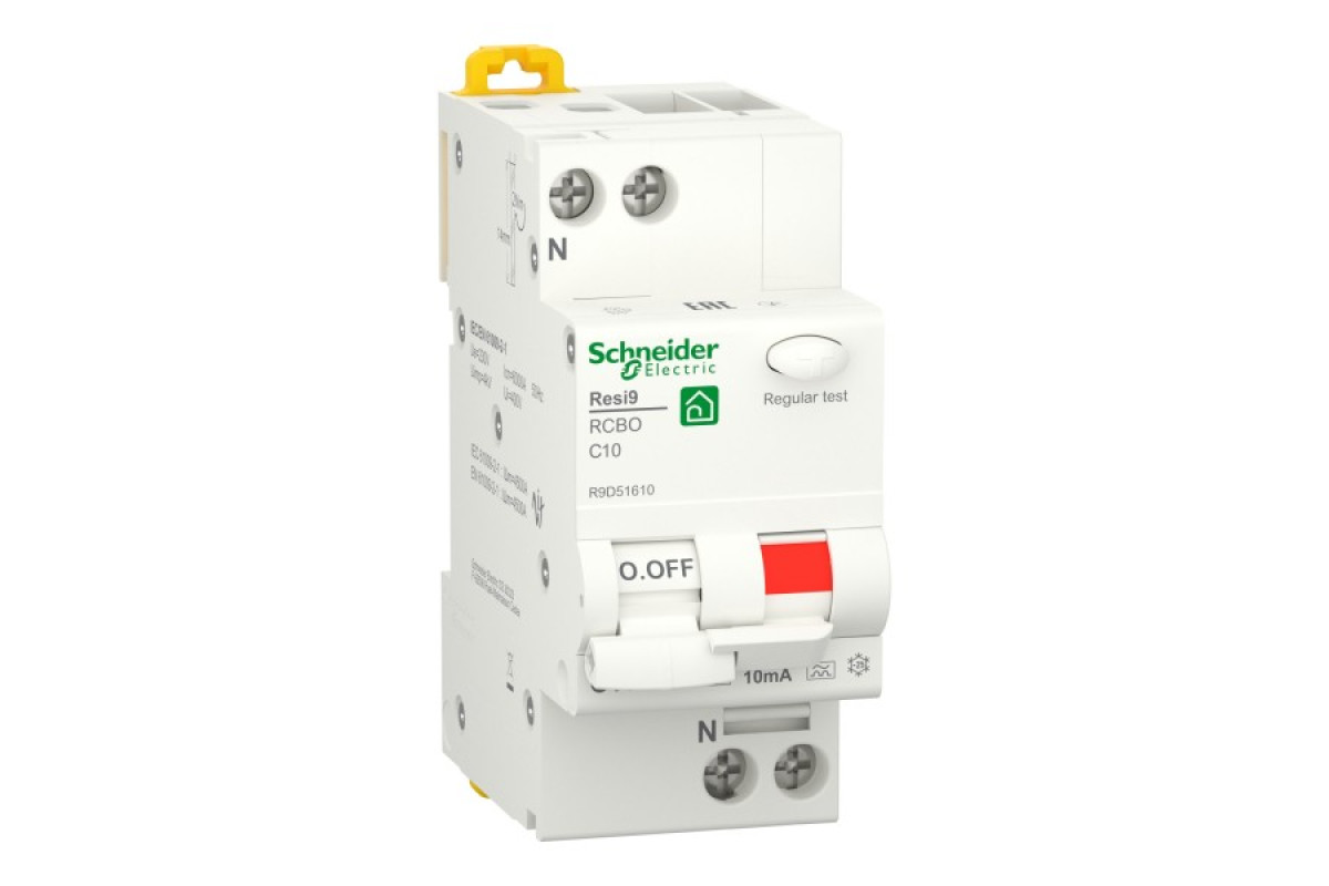 Диференційний автоматичний вимикач RESI9 Schneider Electric 10 А, 10 мA, 1P+N, 6кA, крива С, тип А (R9D51610)