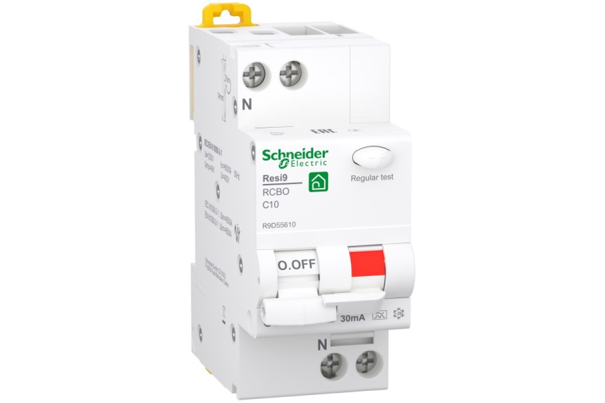 Дифференциальный автоматический выключатель RESI9 Schneider Electric 10 А, 30 мA, 1P+N, 6кA, кривая С, тип А (R9D55610)