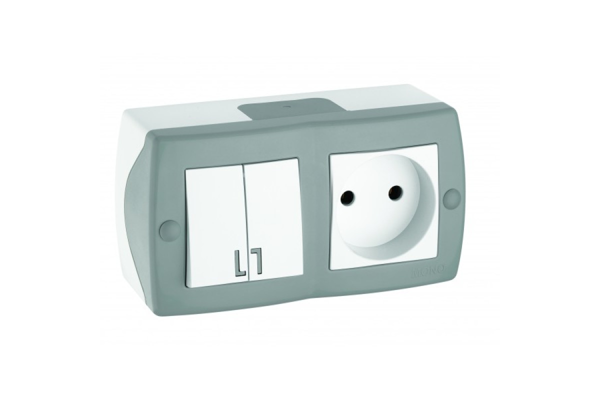 Вимикач двоклавішний + розетка без заземленням, Mono Electric, OCTANS IP 20 (сірий) (104-020001-182)