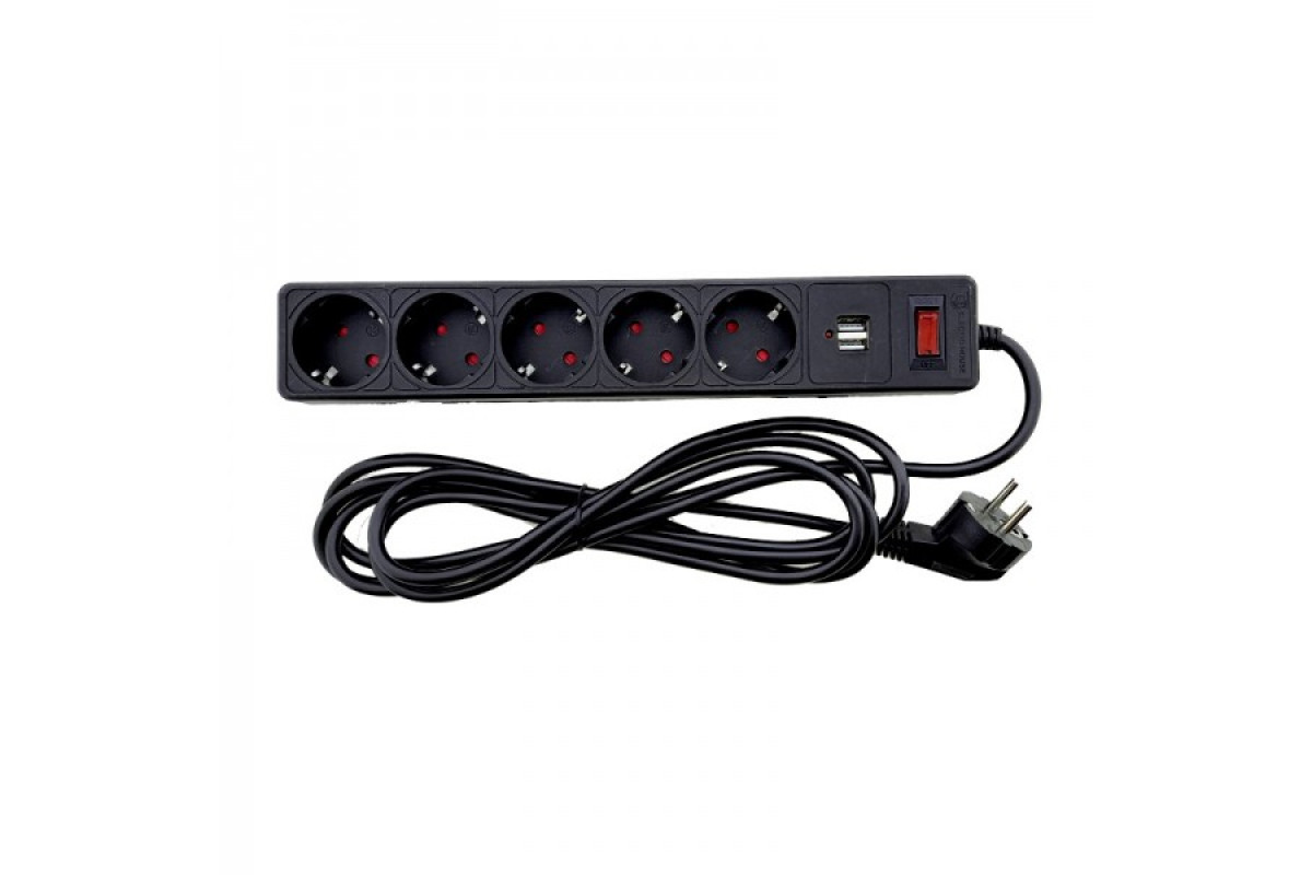 Мережевий фільтр 5+2usb гнізд із заземленням, 3 м , 2USB, захисні шторки Чорний (EH-NFBU-5.3)
