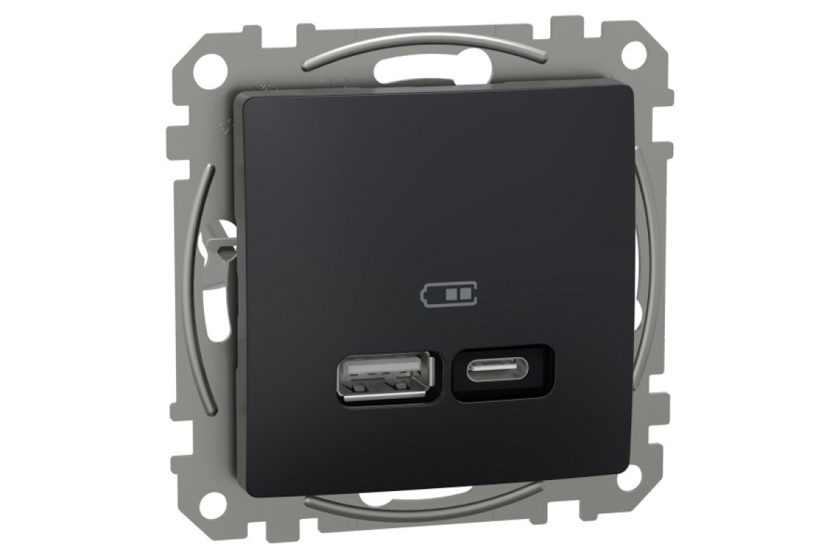 USB розетка, Sedna Design & Elements, тип A+C, 3 A, 21 Вт, чорний (SDD114405)