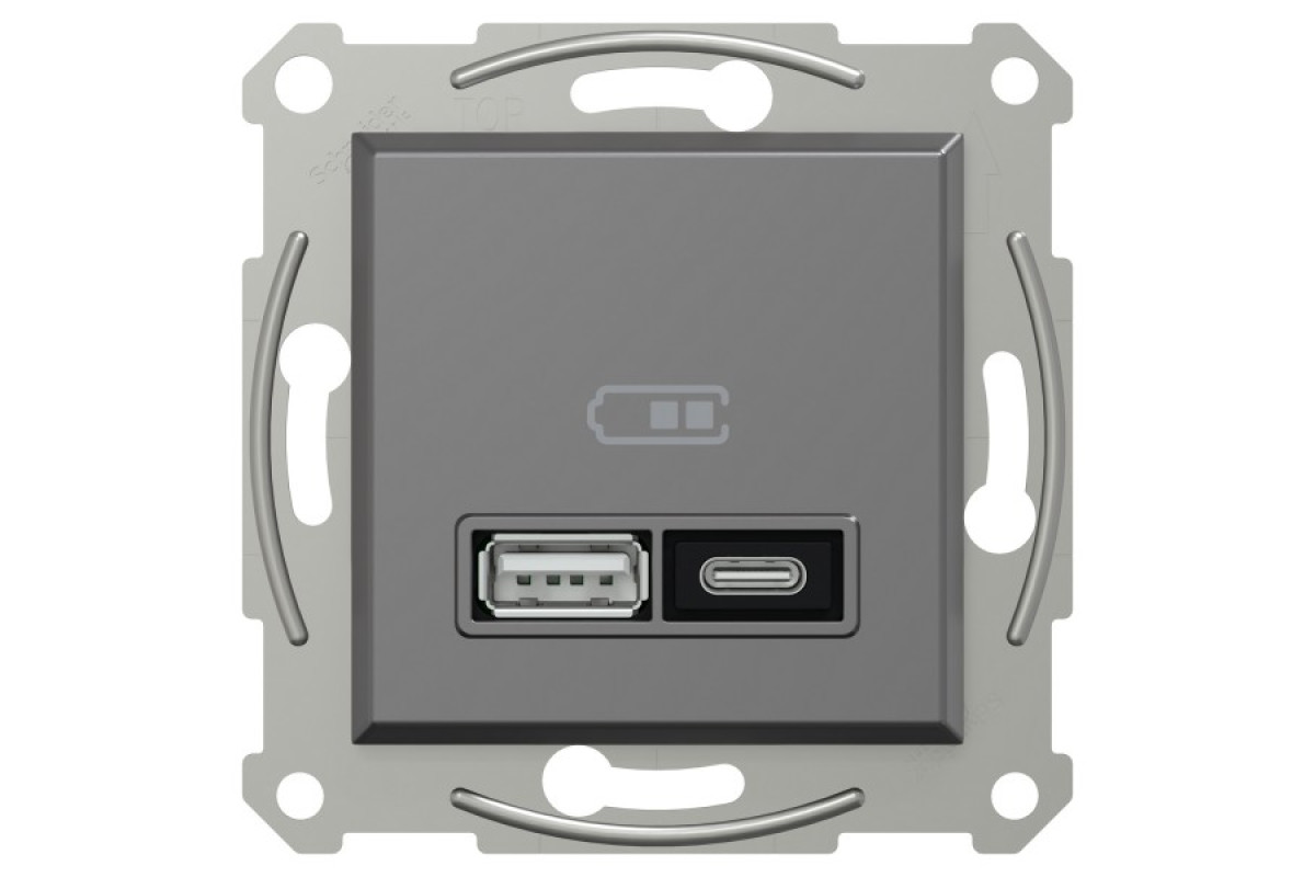 Подвійний зарядний пристрій USB, Asfora, тип A+C, 21 Вт, механізм з супортом, антрацит (EPH2700571)