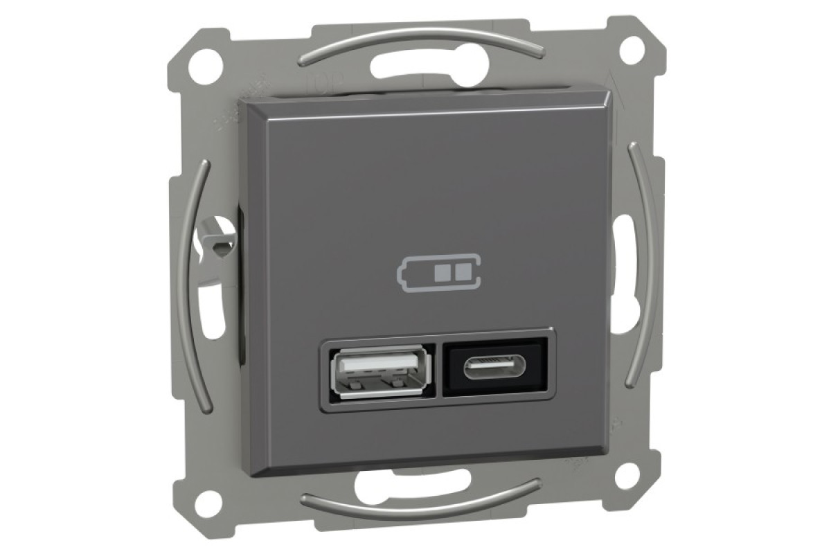 Подвійний зарядний пристрій USB, Asfora, тип A+C, 21 Вт, механізм з супортом, антрацит (EPH2700571)