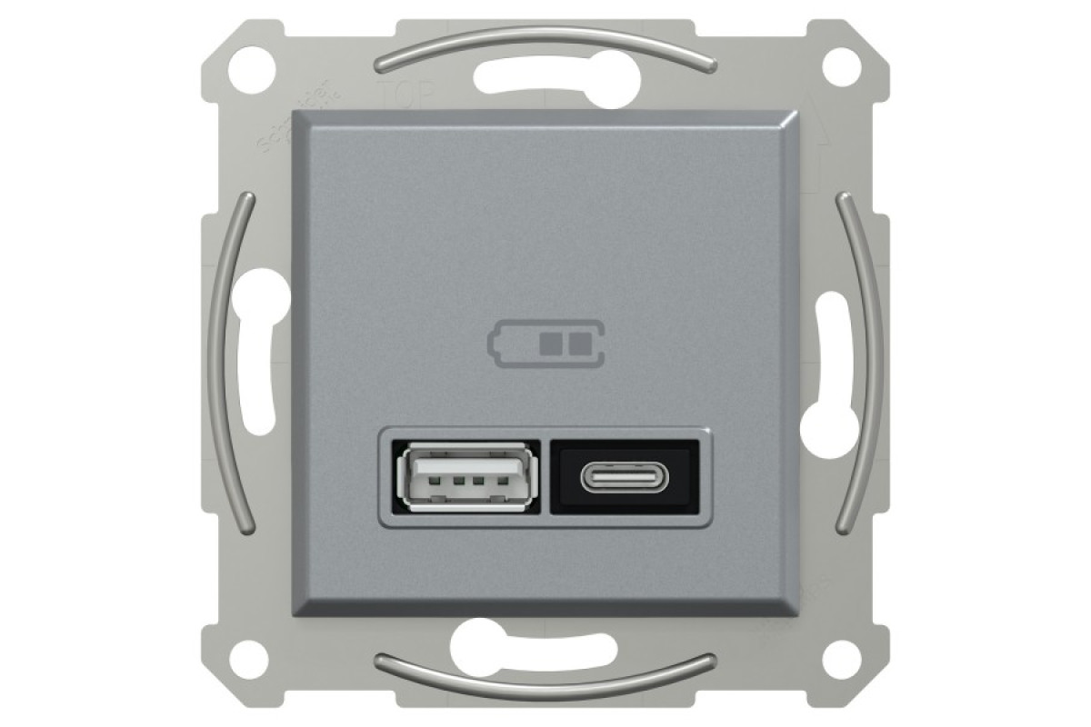 Подвійний зарядний пристрій USB, Asfora, тип A+C, 21 Вт, механізм з супортом, сталь (EPH2700562)