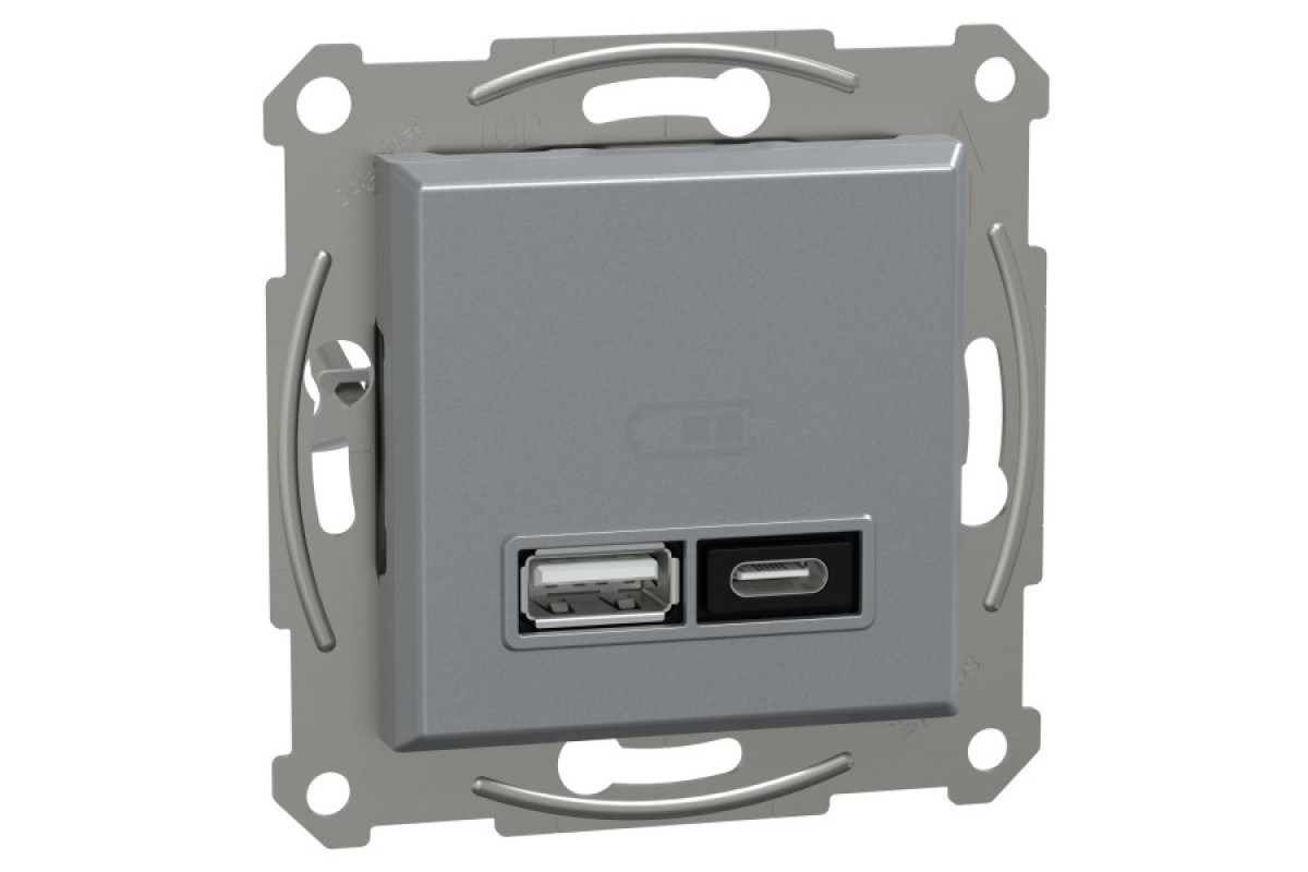 Подвійний зарядний пристрій USB, Asfora, тип A+C, 21 Вт, механізм з супортом, сталь (EPH2700562)