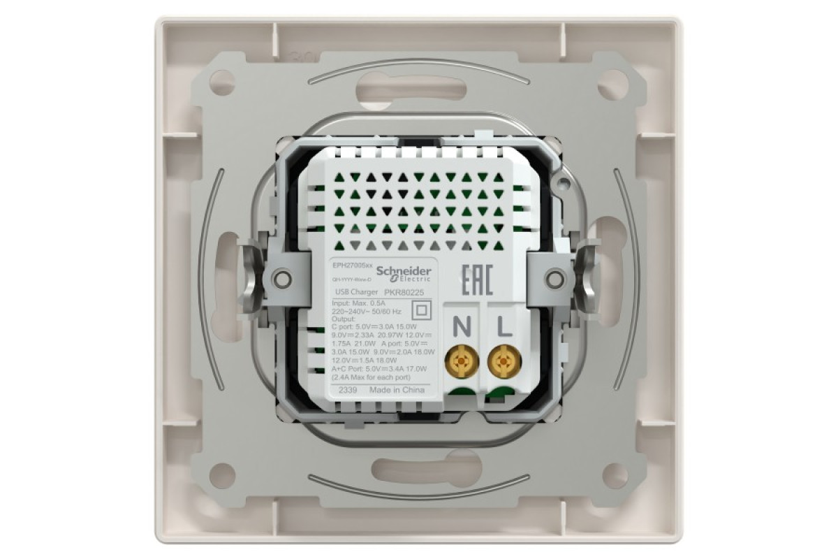 Подвійний зарядний пристрій USB, Asfora, тип A+C, 21 Вт, у комплекті, кремовий (EPH2700523)