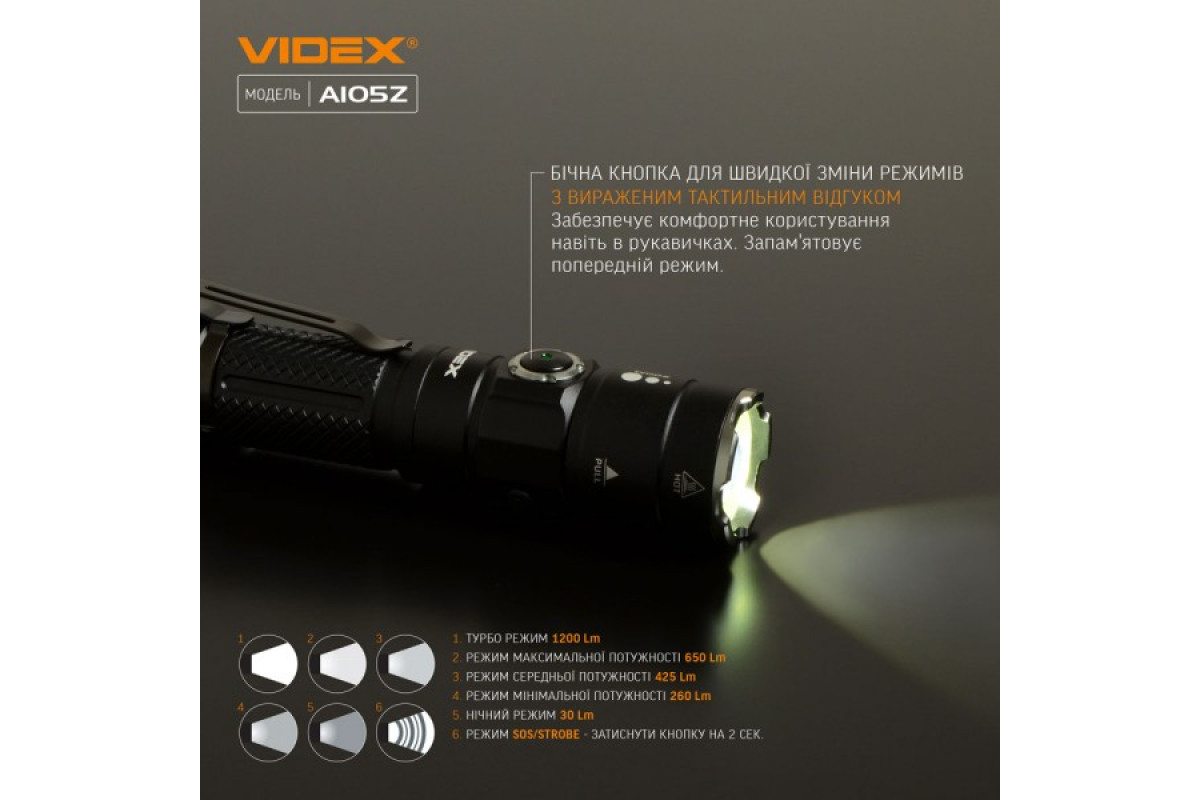 Портативний світлодіодний ліхтарик VIDEX VLF-A105Z 1200Lm 5000K (VLF-A105Z)