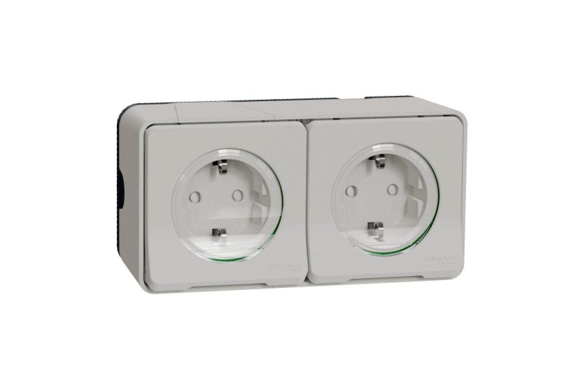 Блок 2 розетки з заземленням, шторками IP55 Mureva Styl, поверх.монтаж, білий (MUR39035)