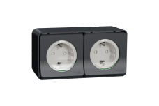 Блок 2 розетки з заземленням, шторками IP55 Mureva Styl, поверх.монтаж, чорний (MUR36029)