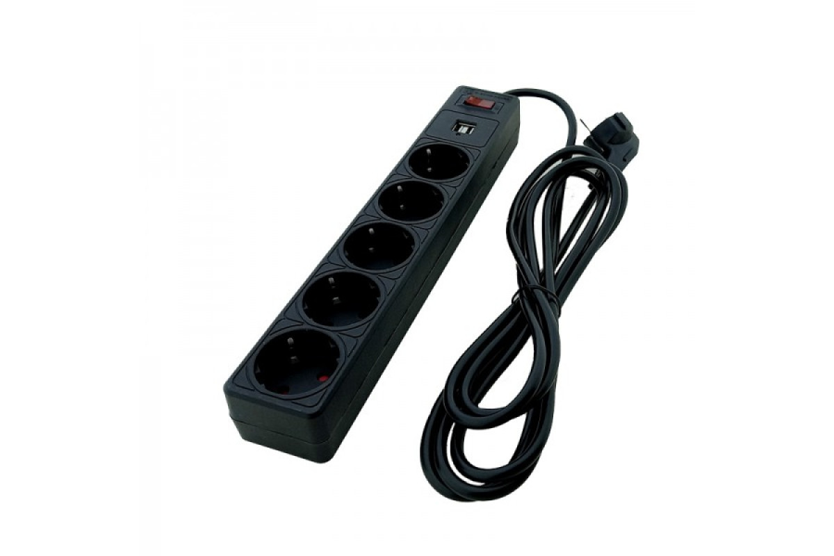 Мережевий фільтр 5+2usb гнізд із заземленням, 3 м , 2USB, захисні шторки Чорний (EH-NFBU-5.3)