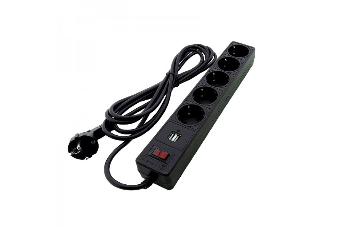 Мережевий фільтр 5+2usb гнізд із заземленням, 3 м , 2USB, захисні шторки Чорний (EH-NFBU-5.3)