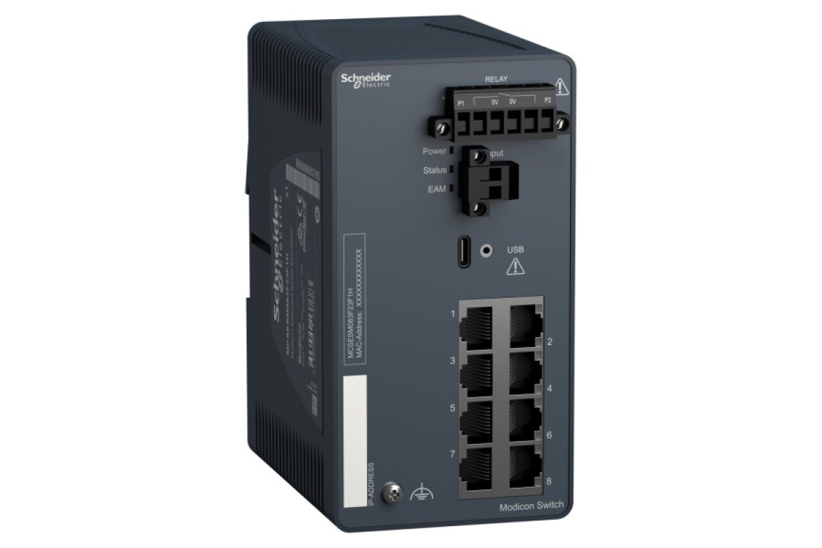 Modicon Extended, керований мережевий комутатор, 8 портів для мідного кабелю, для важких умов експлуатації (MCSESM083F23F1H)