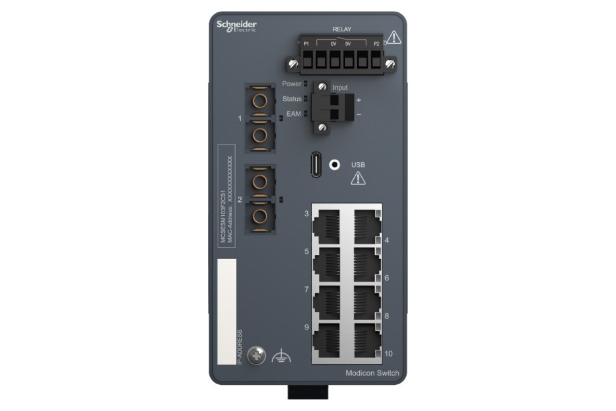 Керований мережевий комутатор Modicon Extended, 8 портів для мідного кабелю, 2 порти для одномодового оптоволокна (MCSESM103F2CS1)