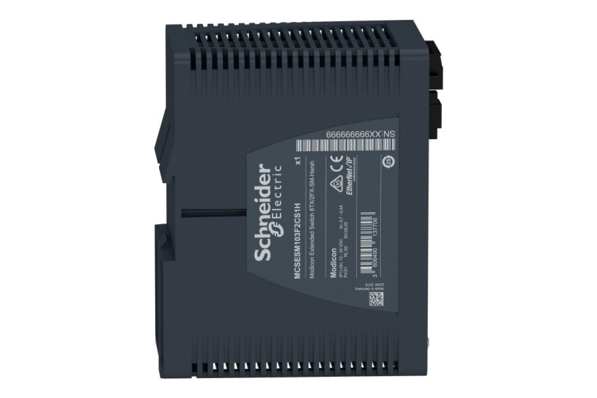 Керований мережевий комутатор Modicon Extended, 8 портів для мідного кабелю, 2 порти для одномодового оптоволокна, для важких умов експлуатації (MCSESM103F2CS1H)