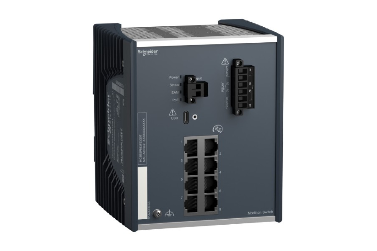Керований мережевий комутатор Modicon PoE (живлення через Ethernet), 8 гігабітних портів для мідного кабелю, розширений температурний діапазон (MCSESP083F23G0T)