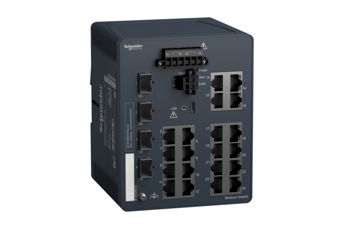 Керований мережевий комутатор Modicon, 20 портів для мідного кабелю, 4 гігабітних SFP (MCSESM243F4LG0)