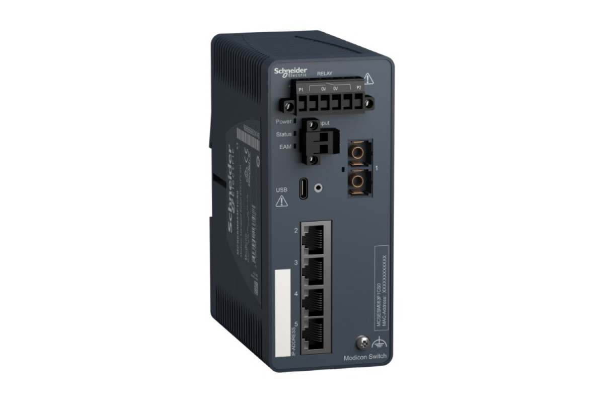 Керований мережевий комутатор Modicon, 4 порти для мідного кабелю, 1 порт для одномодового оптоволокна (MCSESM053F1CS0)