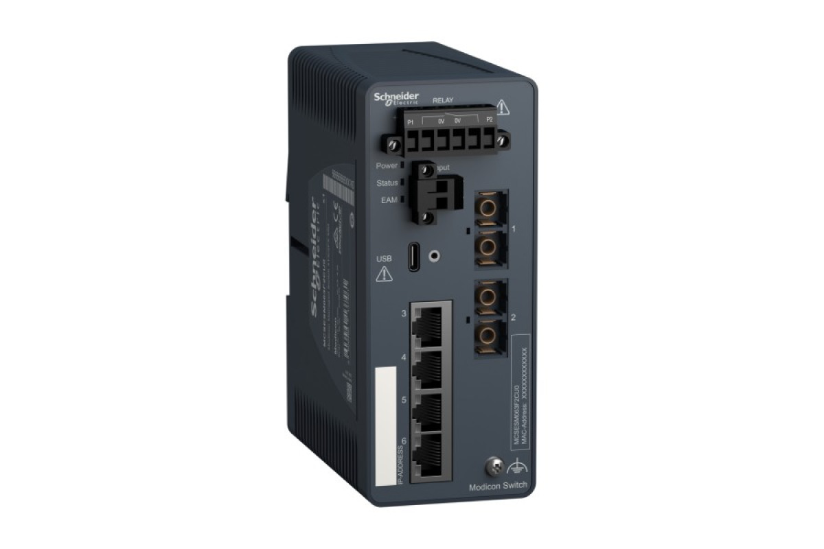 Керований мережевий комутатор Modicon, 4 порти для мідного кабелю, 2 порти для багатомодового оптоволокна (MCSESM063F2CU0)