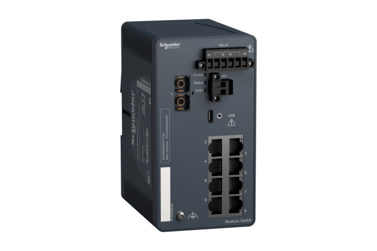 Керований мережевий комутатор Modicon, 8 портів для мідного кабелю, 1 порт для одномодового оптоволокона (MCSESM093F1CS0)