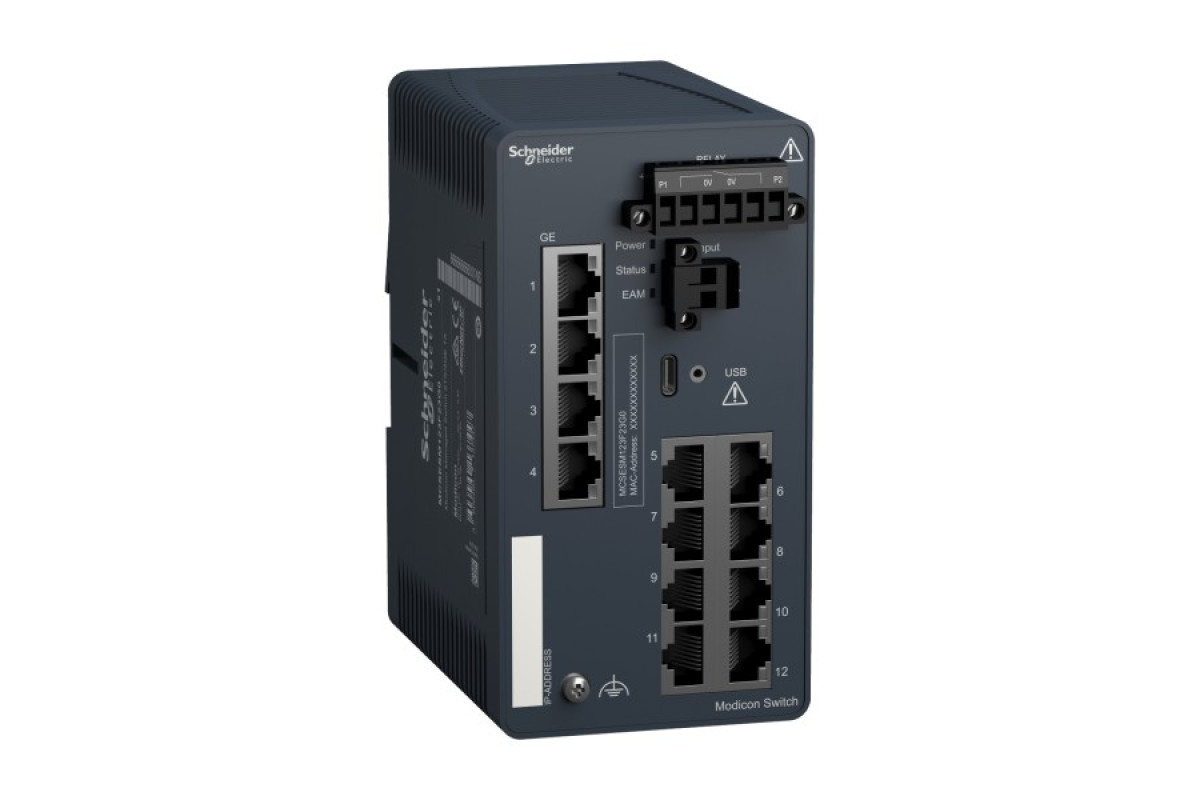 Керований мережевий комутатор Modicon, 8 портів для мідного кабелю, 4 гігабітні порти для мідного кабелю (MCSESM123F23G0)