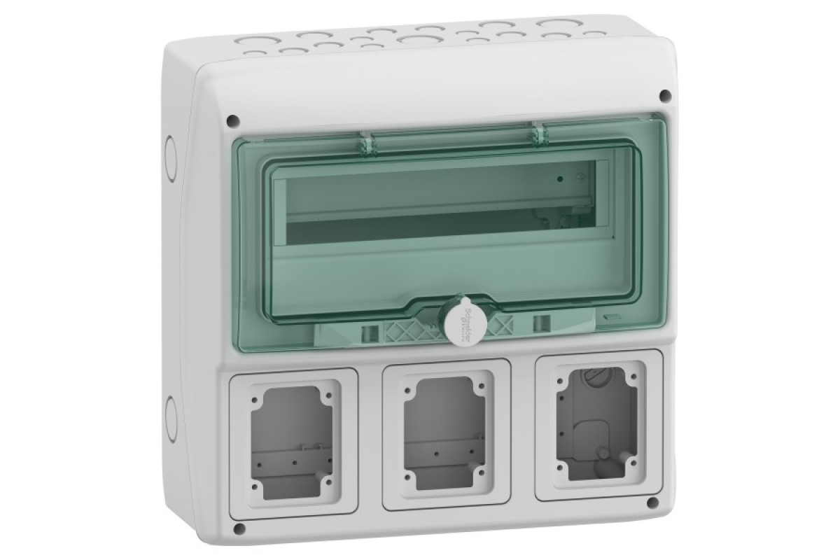 Щит для розетки, Mureva, 1х12 модулей, 3 отверстия 90х100мм, (Ш)340мм х(В)335мм, без клеммного блока (13180)