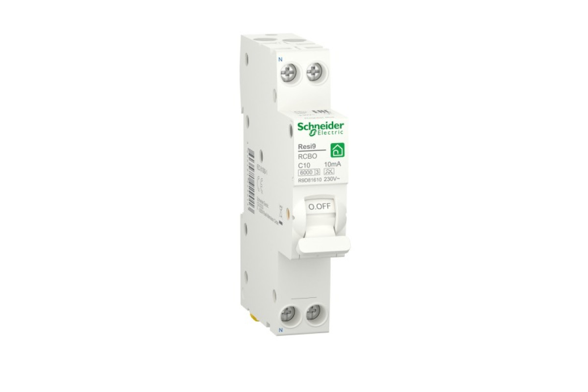Компактний диференційний автоматичний вимикач RESI9 Schneider Electric 10 А, 10 мA, 1P+N, 6кA, крива С, тип А (R9D81610)