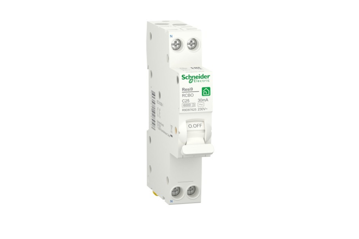 Компактний диференційний автоматичний вимикач RESI9 Schneider Electric 25 А, 30 мA, 1P+N, 6кA, крива С, тип АС (R9D87625)