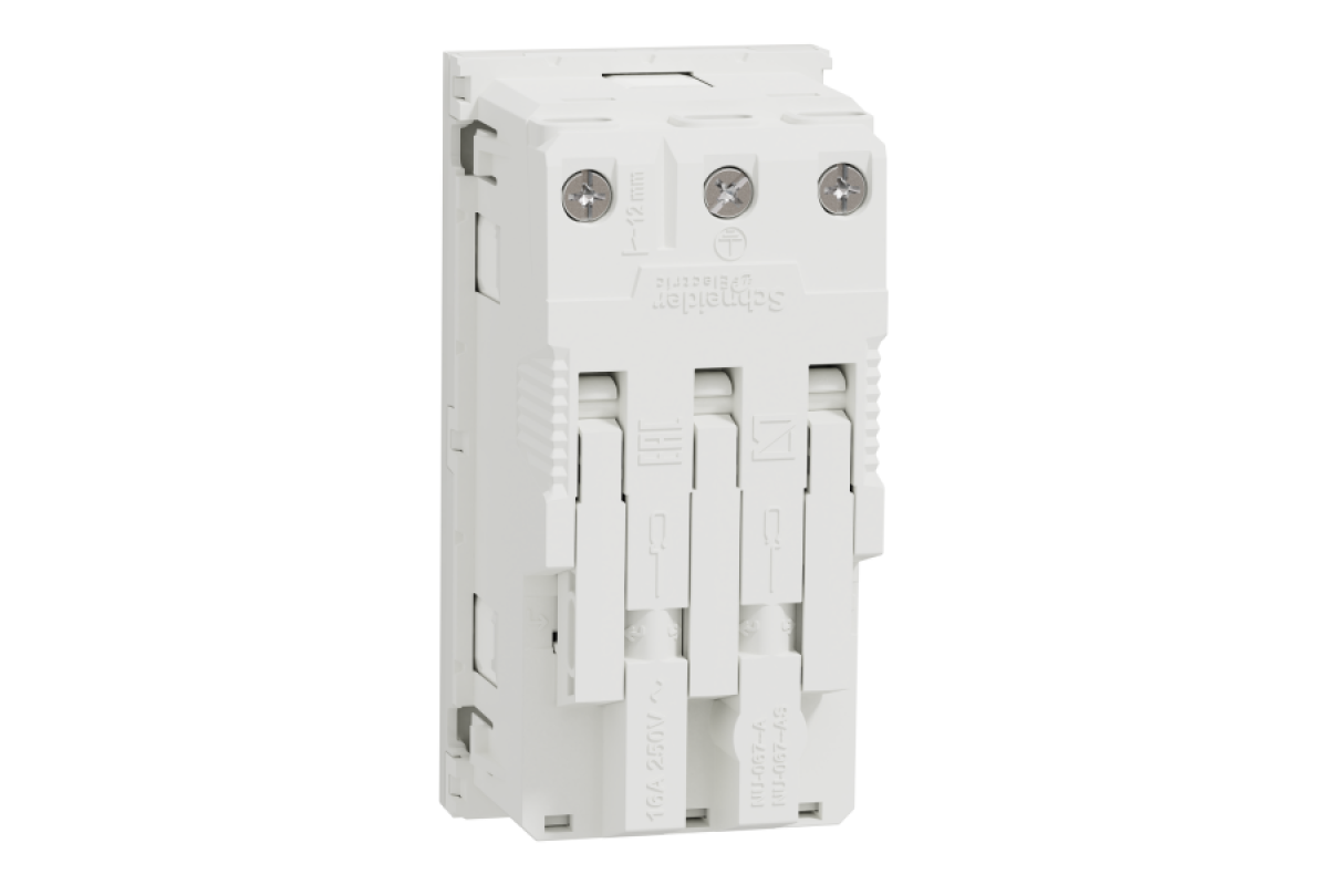 Подвійна розетка 45° зі шторками, з заземленням, біла (NU306718A)