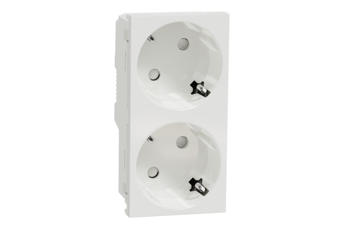 Подвійна розетка 45° зі шторками, з заземленням, біла (NU306718A)