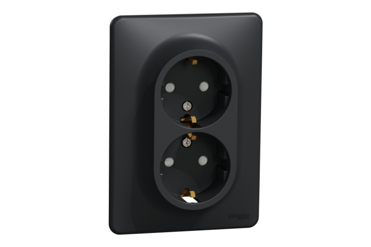 Подвійна розетка з заземлення та зі шторками Чорний Sedna Design (SDD314221)