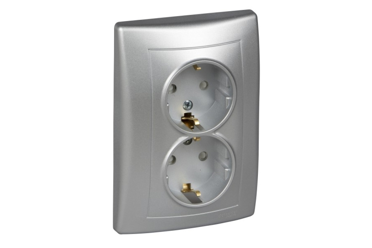 Двойная розетка с заземлением и шторками Sedna Schneider Electric алюминий (SDN3000460)