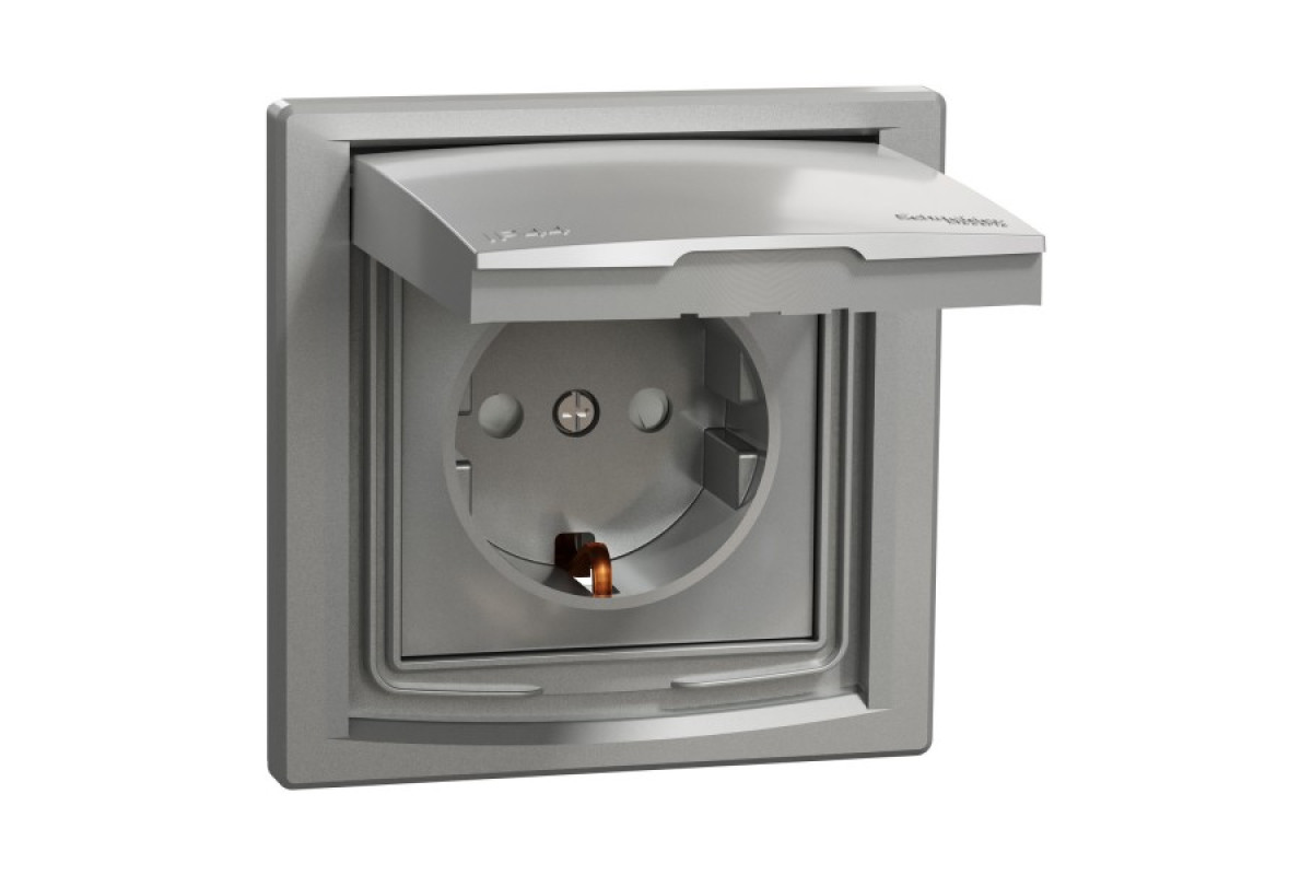 Розетка IP44 з кришкою, з заземленням, з захисними шторками, Алюміній Asfora (EPH3100361)