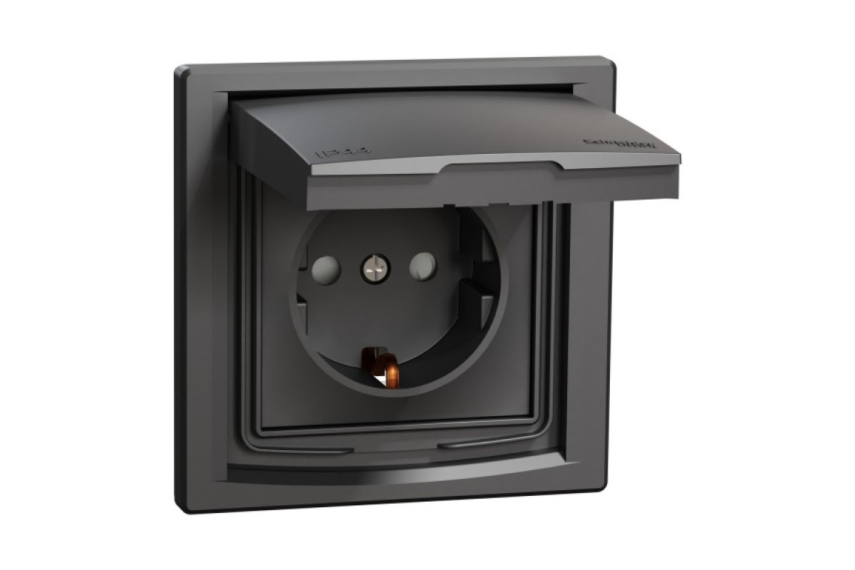 Розетка IP44 з кришкою, з заземленням, з захисними шторками, Антрацит Asfora (EPH3100371)