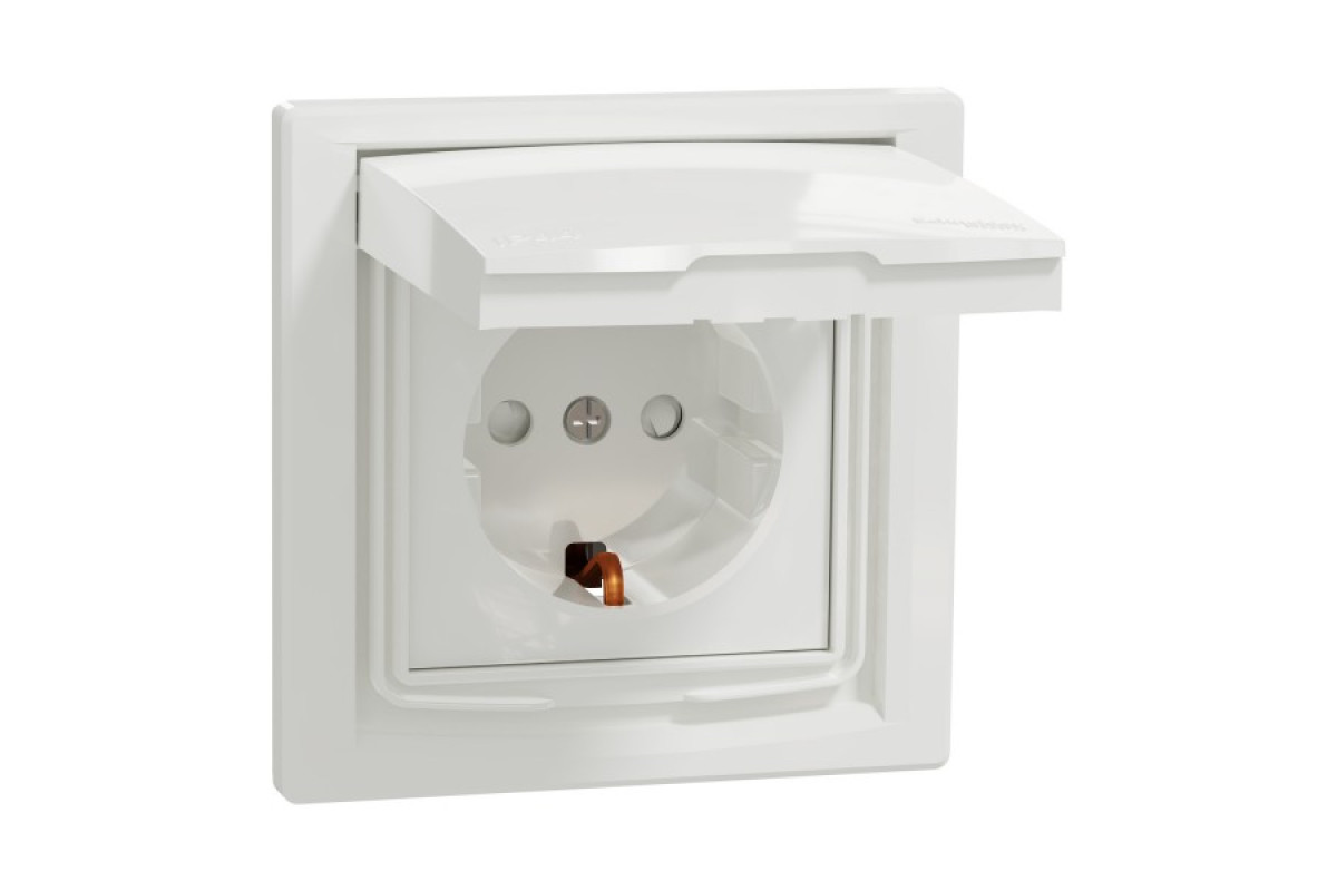 Розетка IP44 з кришкою, з заземленням, з захисними шторками, Біла Asfora (EPH3100321)
