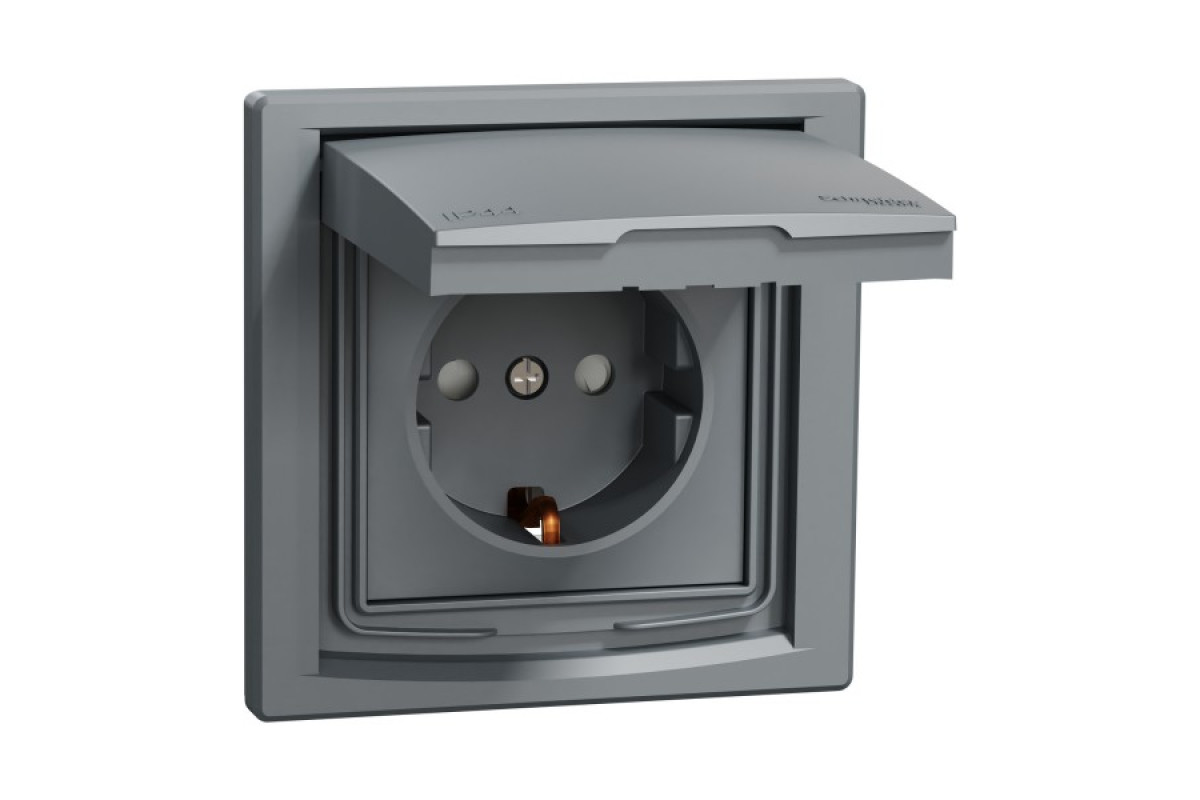 Розетка IP44 з кришкою, з заземленням, з захисними шторками, Сталь Asfora (EPH3100362)