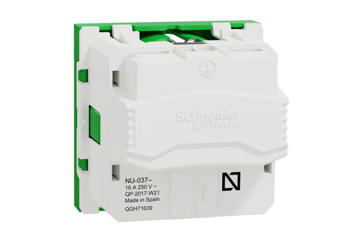 Розетка з з/к, зі шторками, 16А, самозажимні клеми, зелений (NU303706)