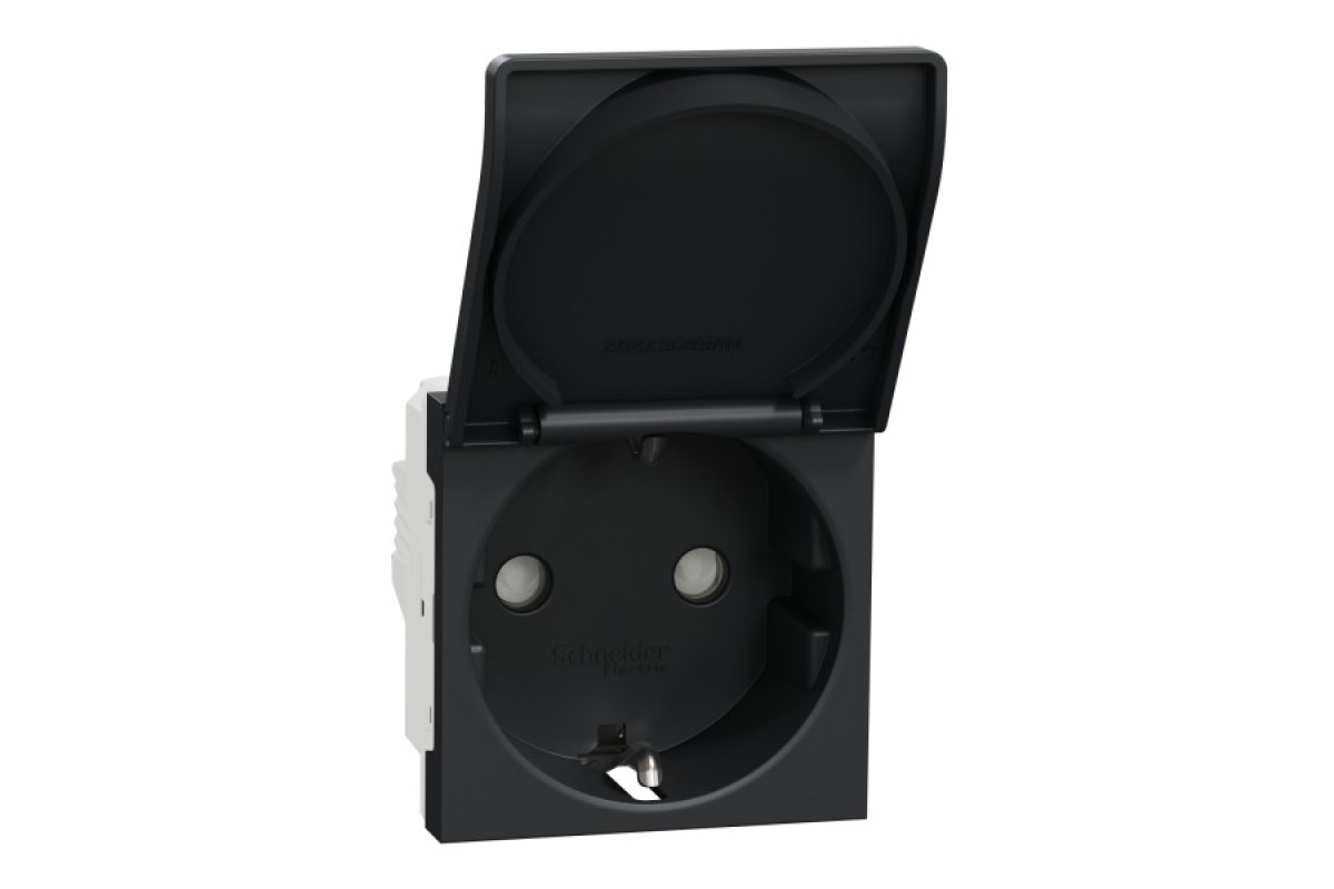 Розетка з з/к, зі шторками, з кришкою, 16А, гвинтові зажими, антрацит (NU303754TA)