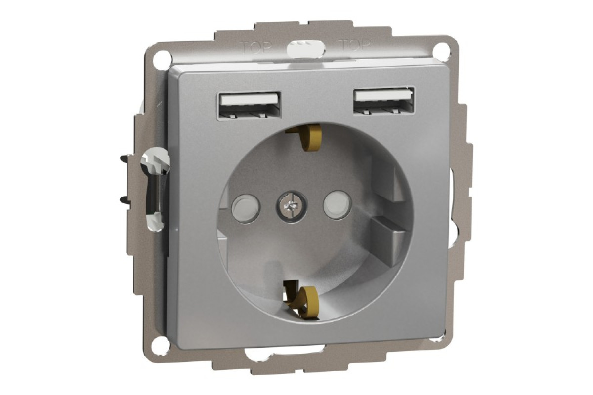 Розетка з заземленням + 2 USB тип А Алюміній Sedna Design (SDD113052)