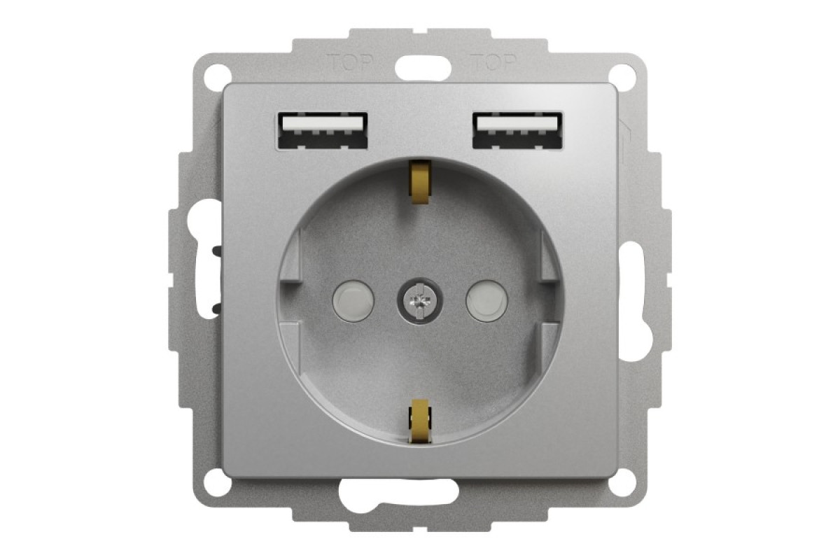 Розетка з заземленням + 2 USB тип А Алюміній Sedna Design (SDD113052)