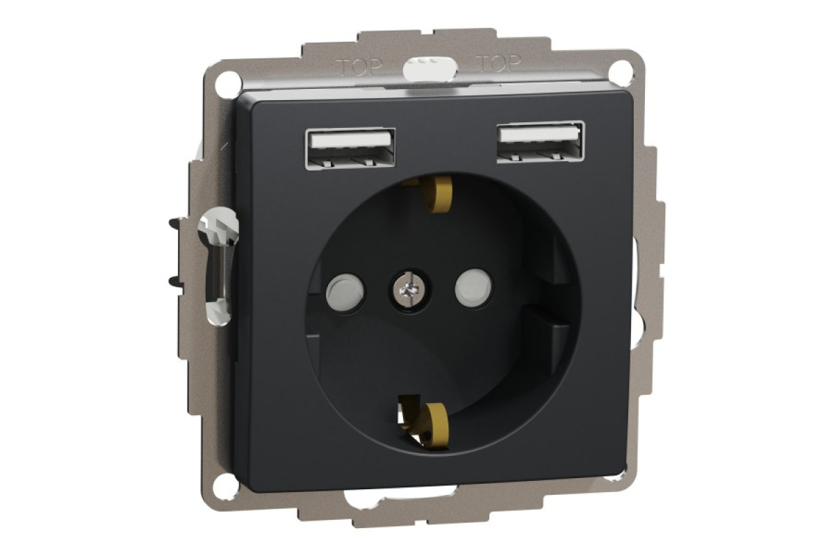 Розетка з заземленням + 2 USB тип А Чорний Sedna Design (SDD114052)