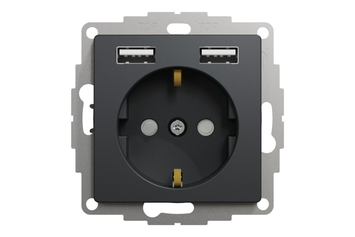 Розетка з заземленням + 2 USB тип А Чорний Sedna Design (SDD114052)