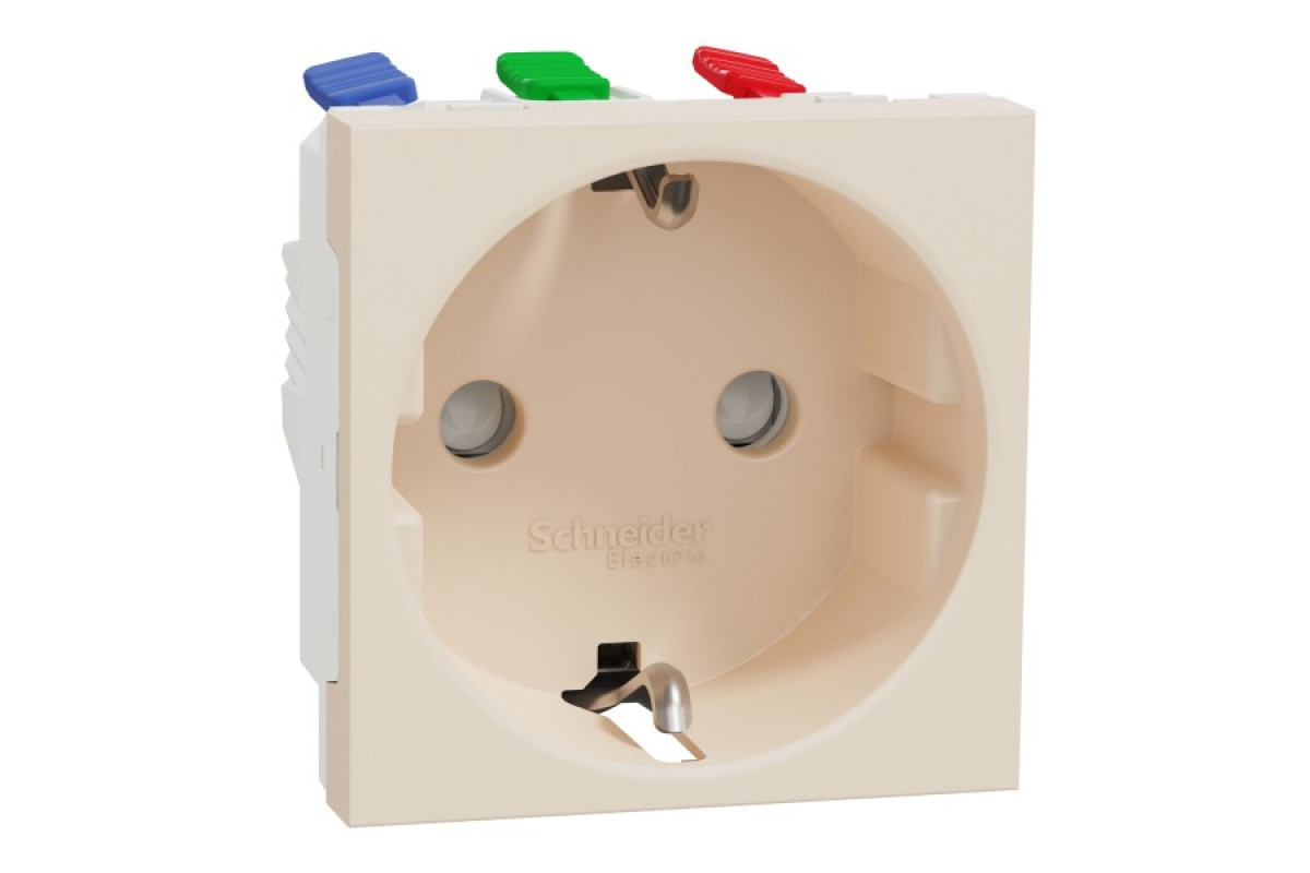 Розетка з заземленням та шторками, 16А, самозатискні клеми, бежева Unica New (NU305744)