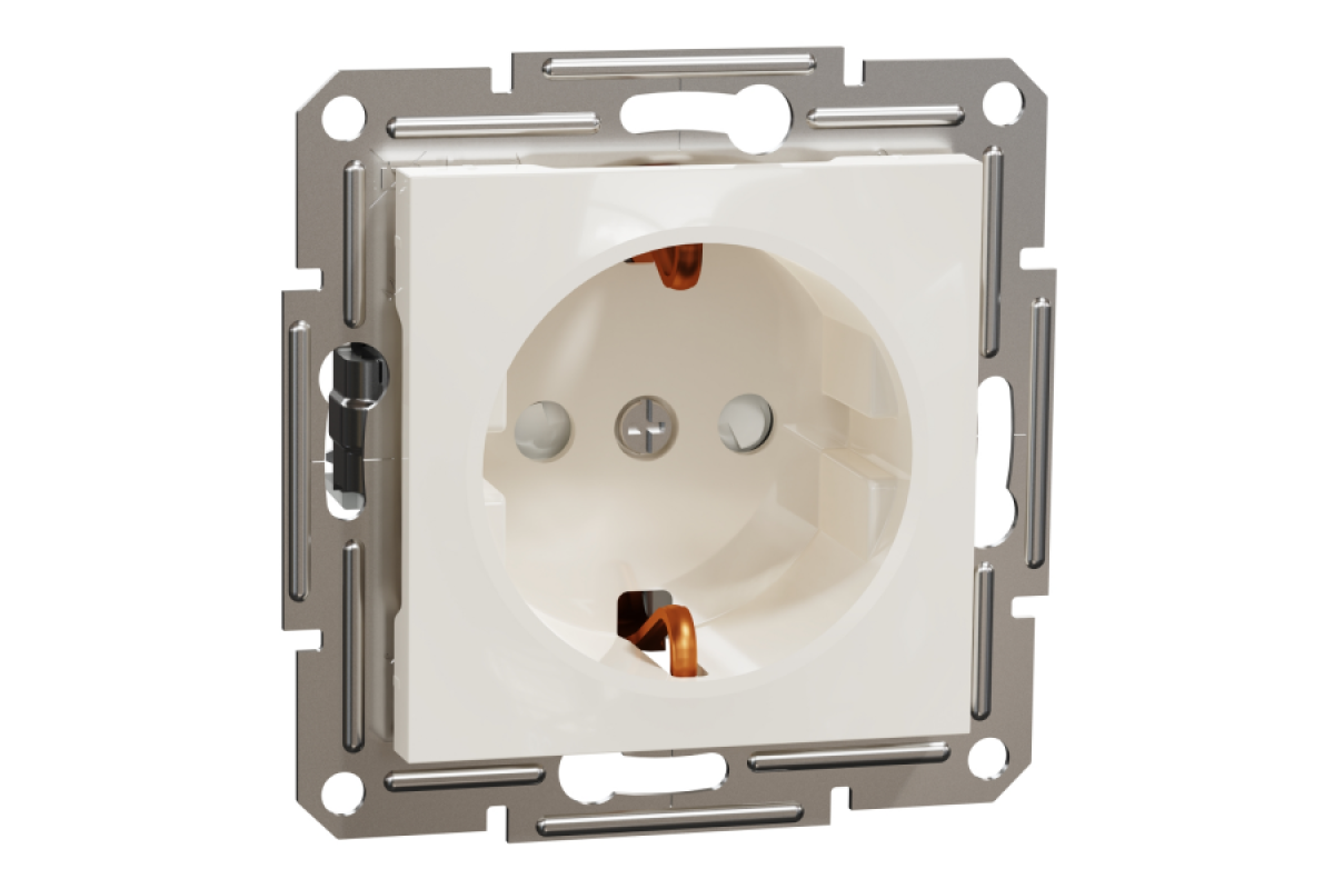 Розетка з заземленням та шторками, кремовий, Asfora, без рамки (EPH2970223)