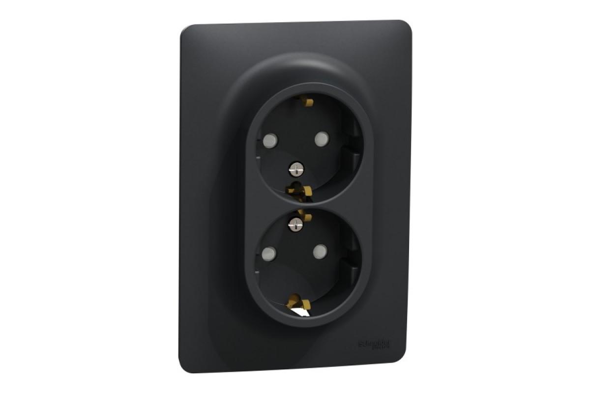 Розетка подвійна Unica New з з/к, зі шторками, гвинтовими зажимами, антрацит (NU206754)