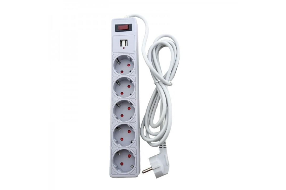 Мережевий фільтр 5 гнізд із заземленням, 3 м , 2USB, захисні шторки Сірий (EH-NFGU-5.3)
