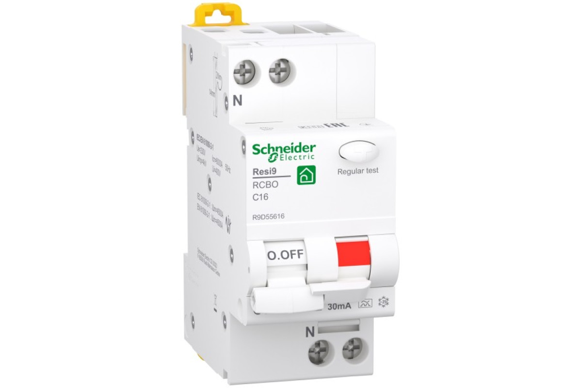 Дифференциальный автоматический выключатель RESI9 Schneider Electric 16А, 30 мA, 1P+N, 6кA, кривая С, тип А (R9D55616)