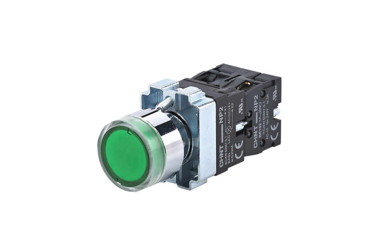 Кнопка NP2-BW3365 1NO+1NC зеленая AC/DC230В (LED) IP40 (574365)