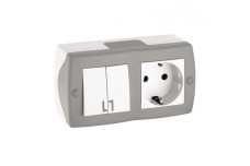 Выключатель двухклавишный + розетка с заземлением, Mono Electric, OCTANS IP 20 (серый) (104-020001-181)