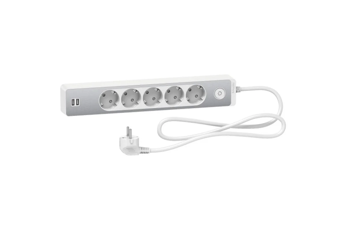 Удлинитель на 5 розеток с заз+2*USB алюм/бел 1.5 м (ST945U1WA)