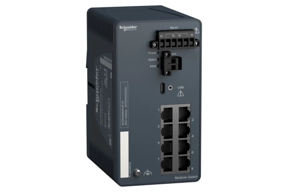 Modicon Extended, управляемый сетевой коммутатор, 8 портов для медного кабеля, для тяжелых условий эксплуатации (MCSESM083F23F1H)